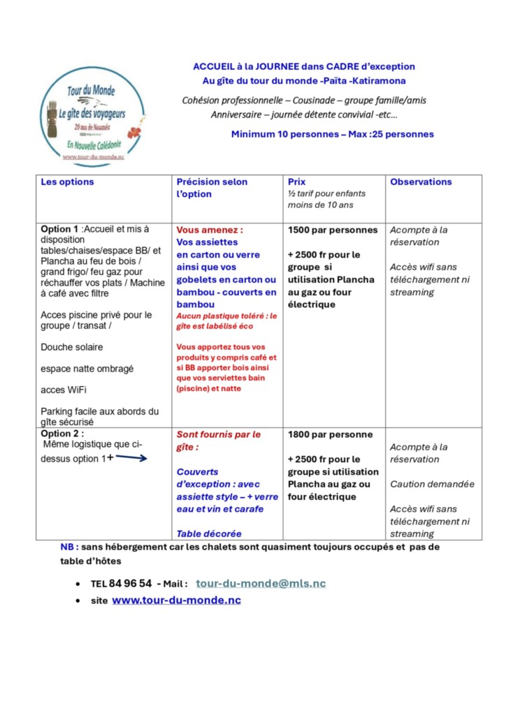 accueil à  la journee gite tour du monde 